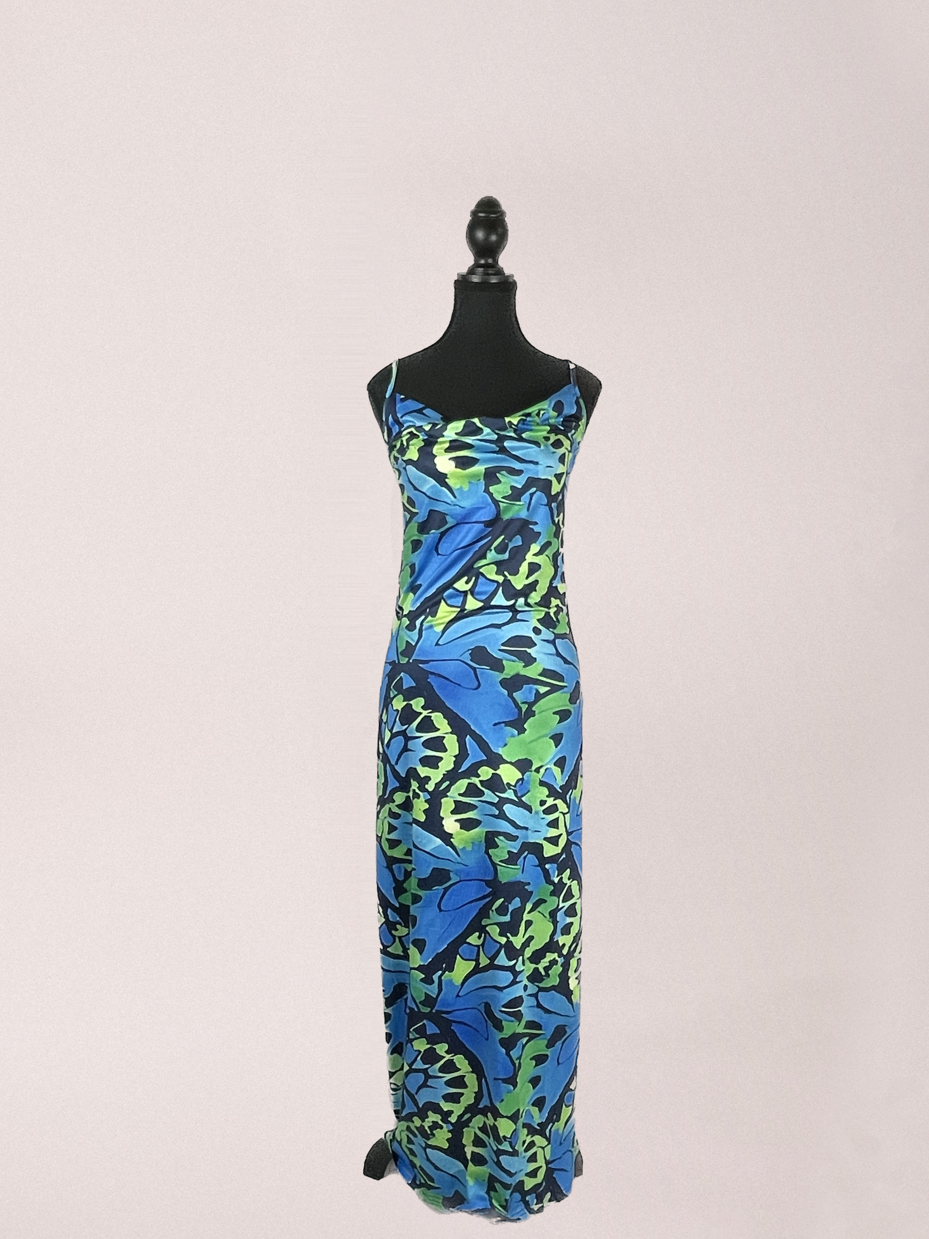 Blue Green butterfly silky dress with open back and adjustable straps