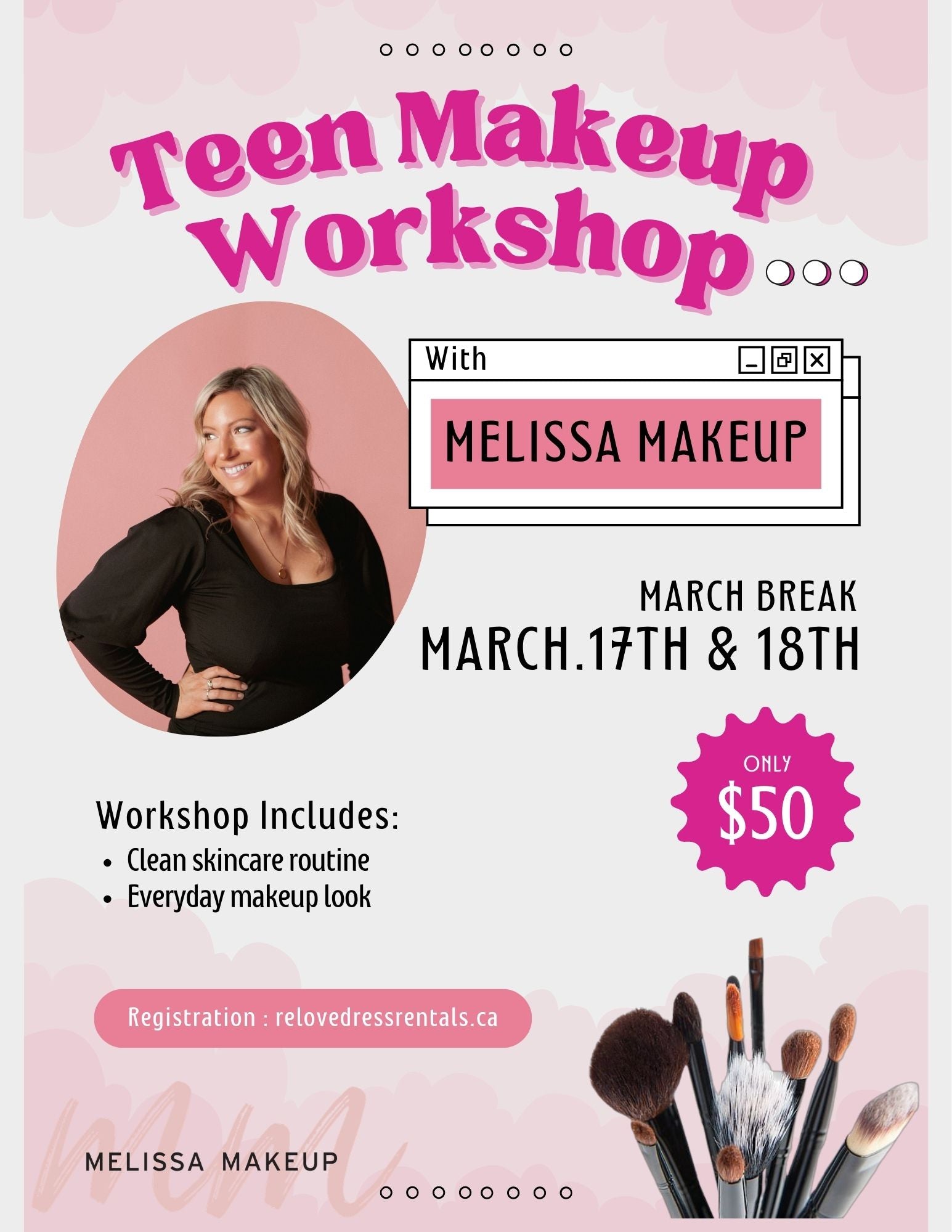 Advertisement for a Teen Makeup Workshop with Melissa Makeup, featuring a woman, makeup brushes, and pink text on a light pink background.
